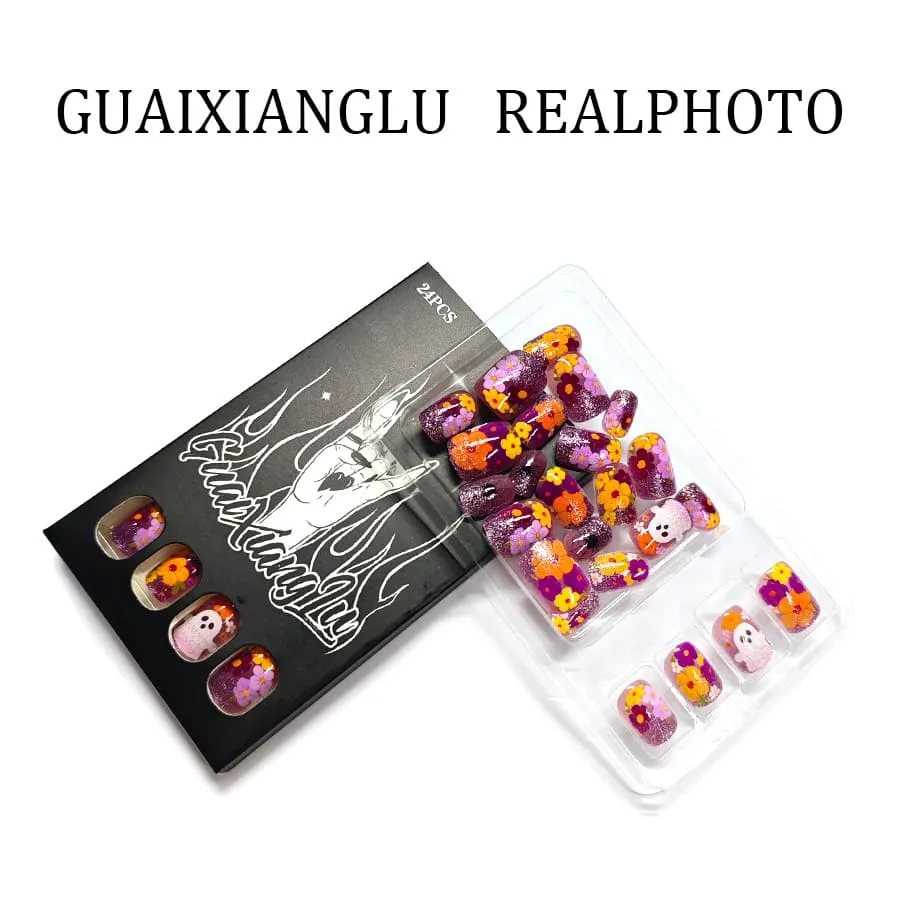 Nailhour 24Pcs Cute Ghost Halloween Multicolor Glitter Short Square Press On Nails