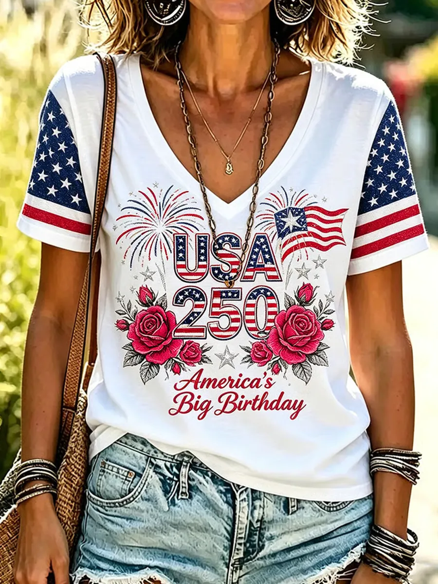 Women's Retro American 250th Anniversary V-neck Short-sleeved T-shirt