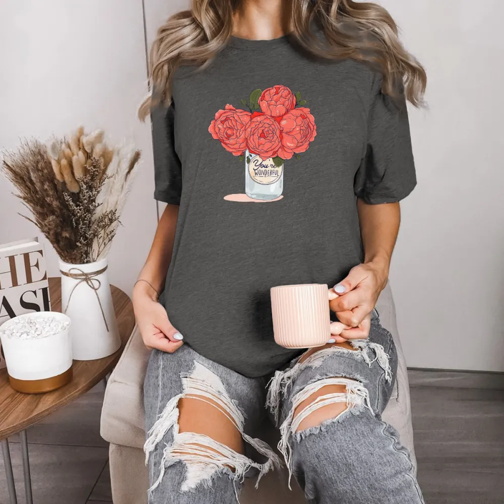 Red Roses In A Glass Bottle Printed Casual T-Shirts