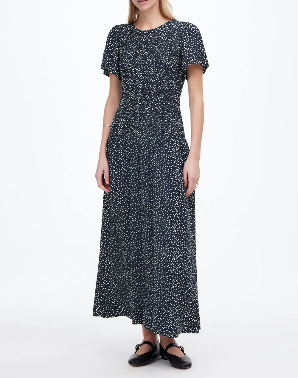 Flutter-Sleeve Smocked Midi Dress In Floral