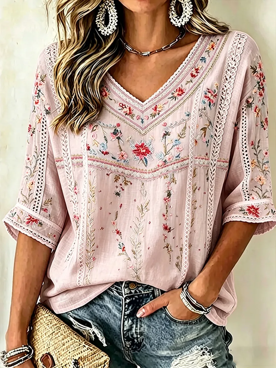 Women's Floral Embroidered Lace Trim V-Neck Blouse