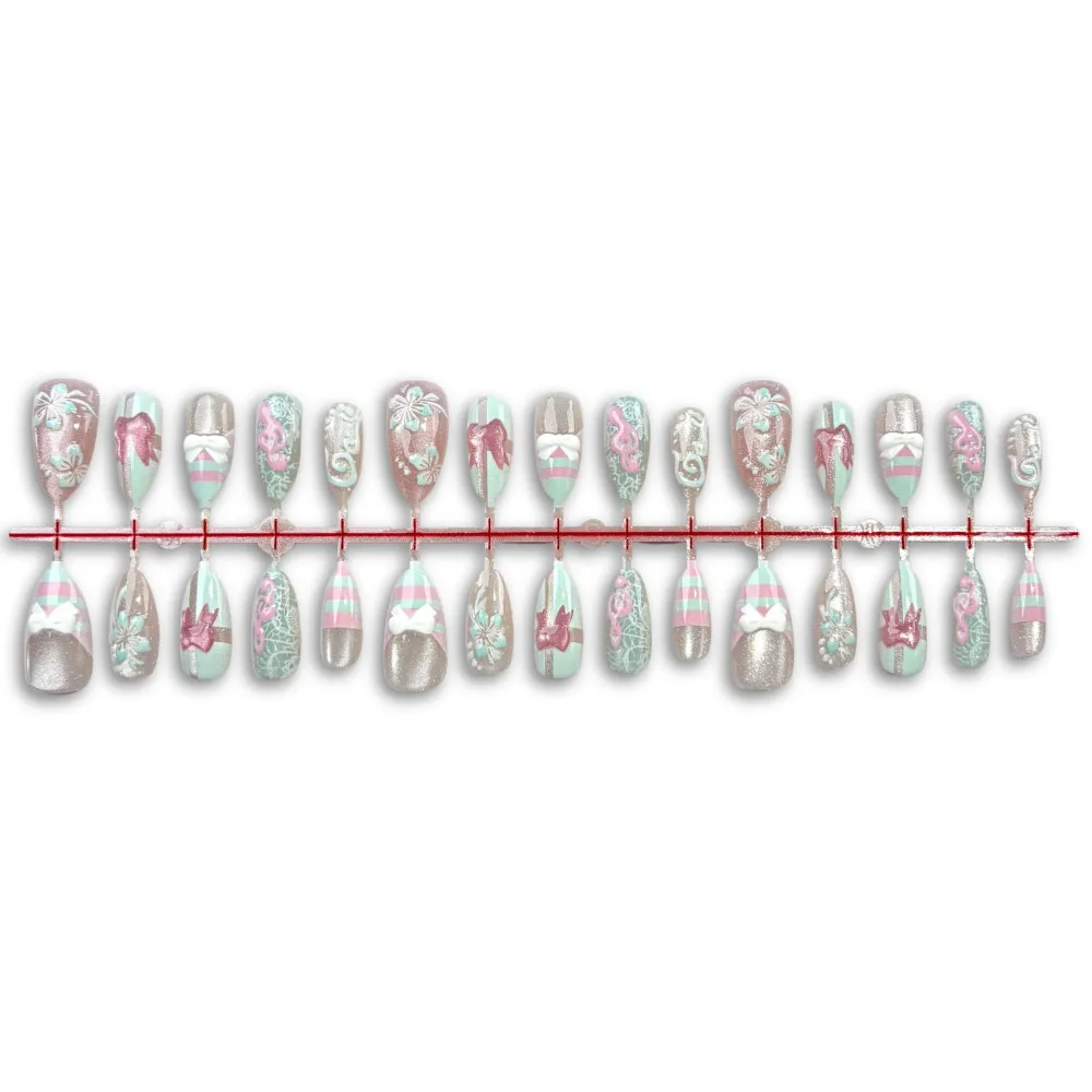 Nailhour 30Pcs Pink Strips 3D Medium Almond French Press On Nails
