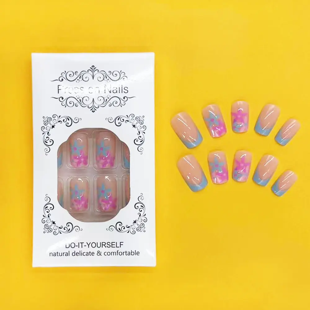 Nailhour 24Pcs Medium Square Mint Blue French Press On Nails