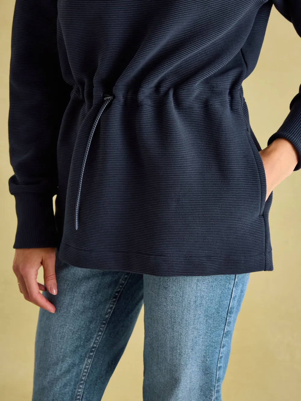 Adjustable Waist Navy Cowl Neck Sweatshirt