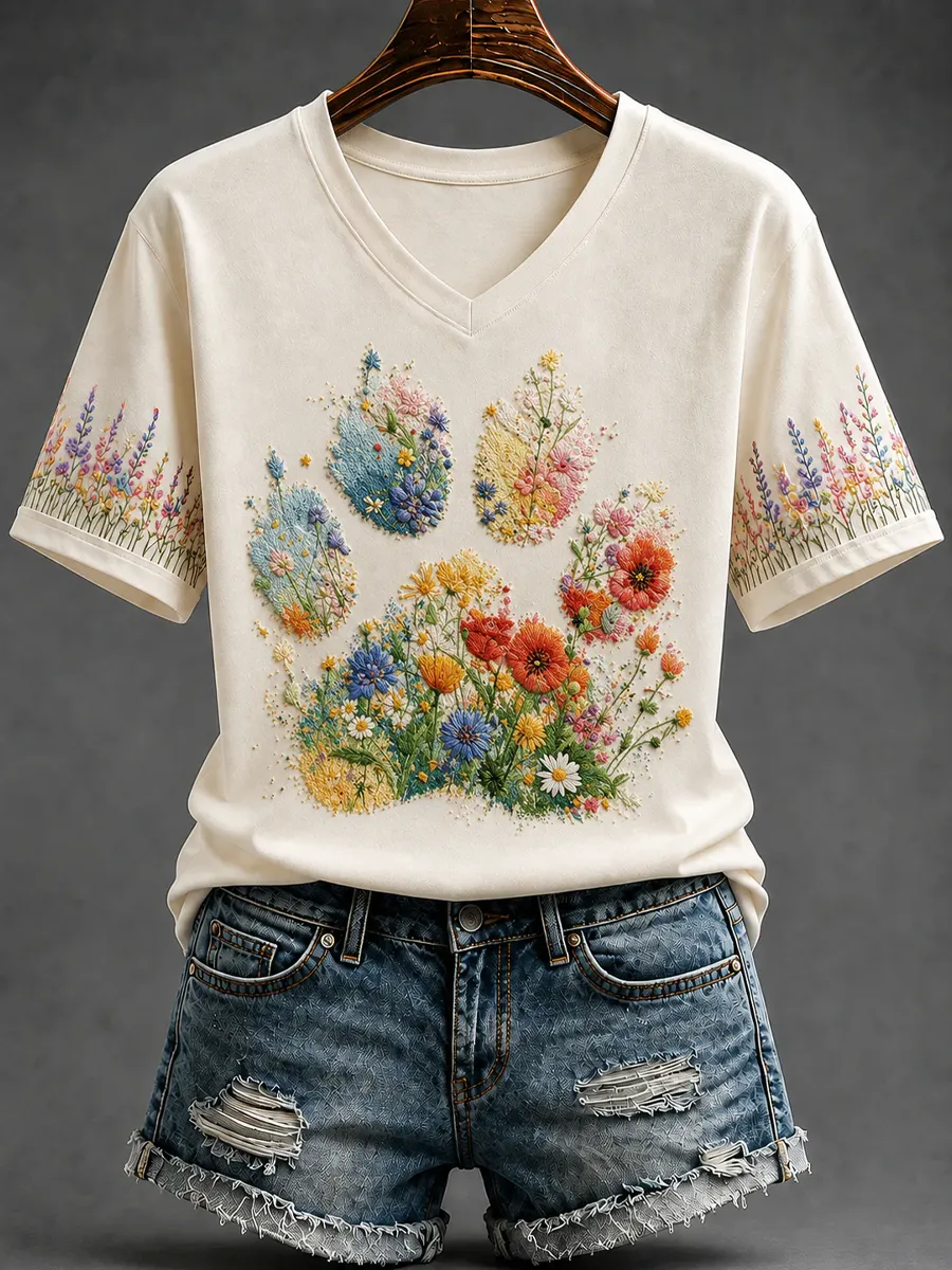 Women'S Dog Paw Floral Print Casual T-Shirt