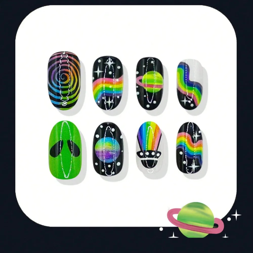 Nailhour 24Pcs Multicolor Y2K Party Short Oval Press On Nails
