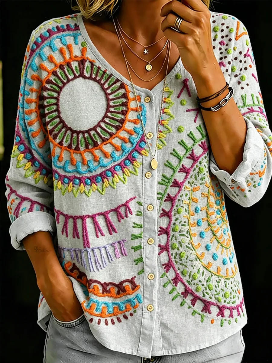 Women's Cotton And Linen Casual Striped Print Top