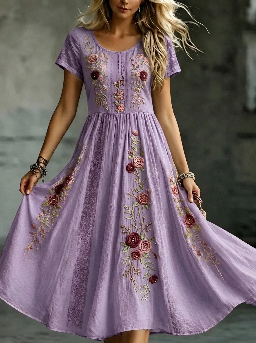 Women's Breast Cancer Awareness Floral Embroidered Printed Dress