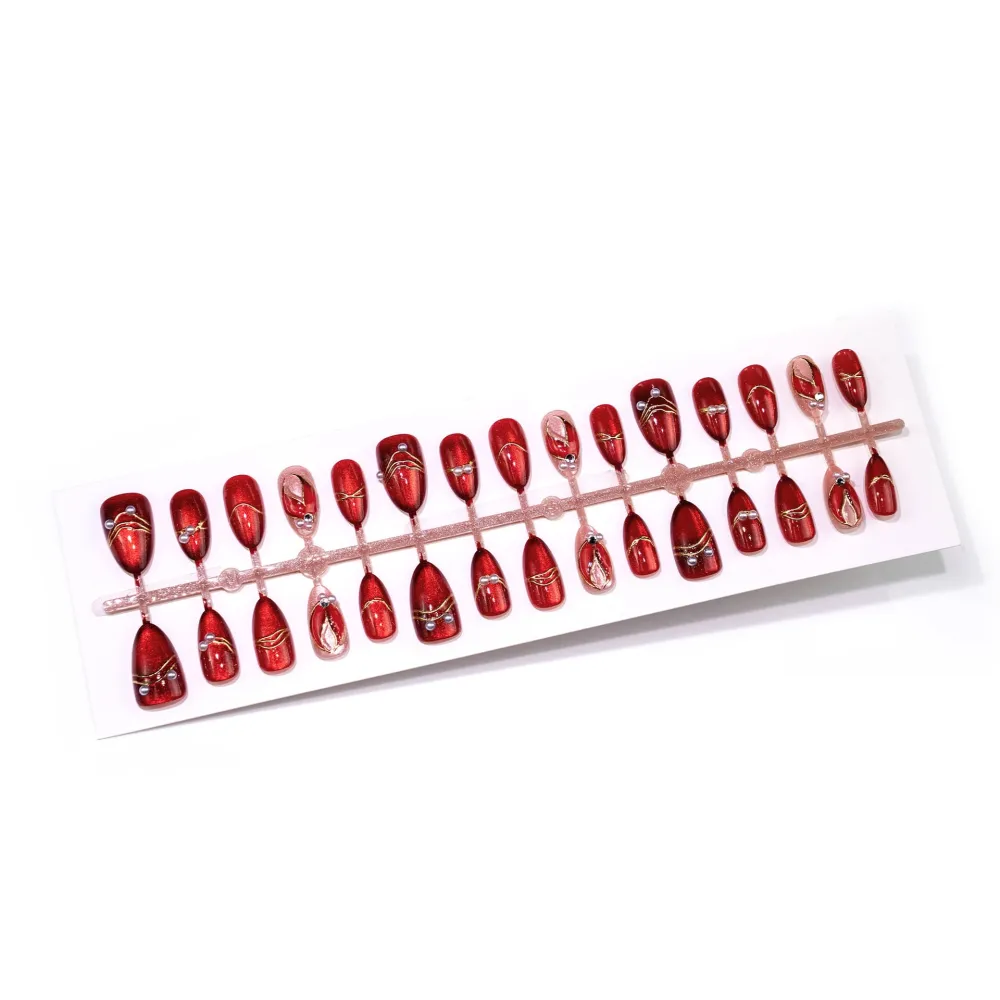Nailhour 30Pcs Red 3D Wings Medium Almond French Press On Nails