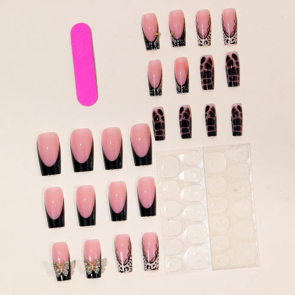 Nailhour 24Pcs Black French Gilded Medium Square Press On Nails