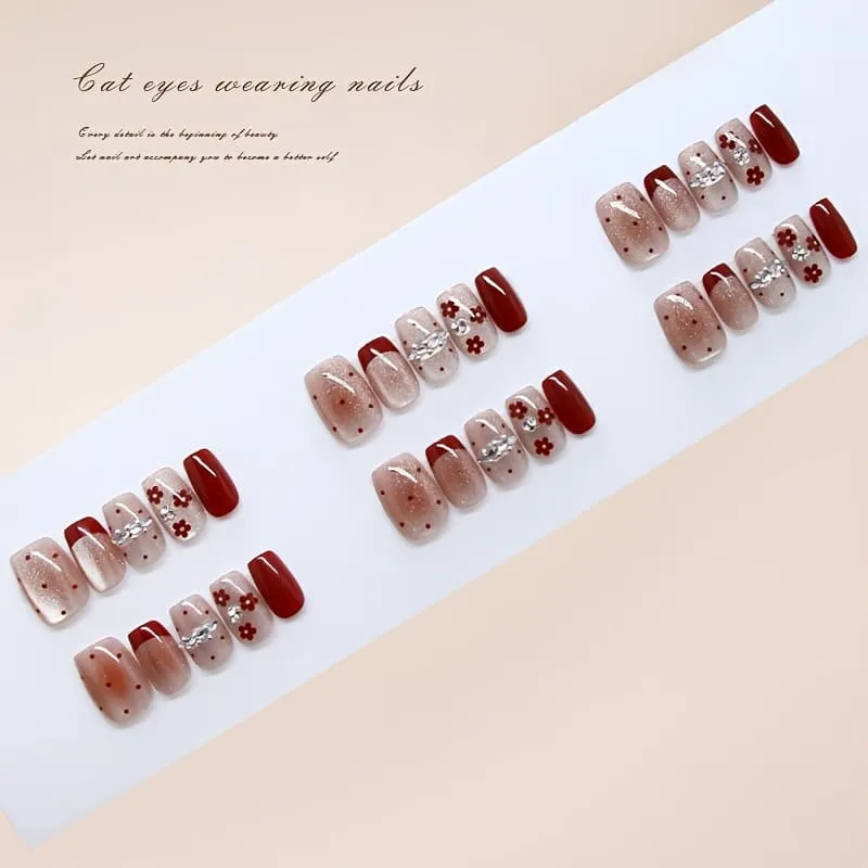 Nailhour 30Pcs Red Rhinestone French Medium Square Press On Nails