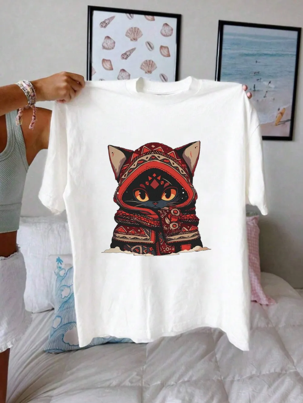 Cat in Hoodie Graphic T-Shirt