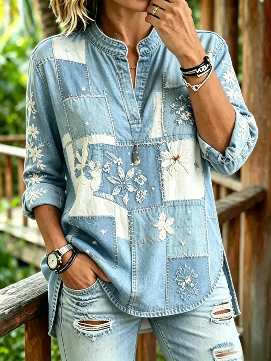 Women's retro printed casual V-neck shirt