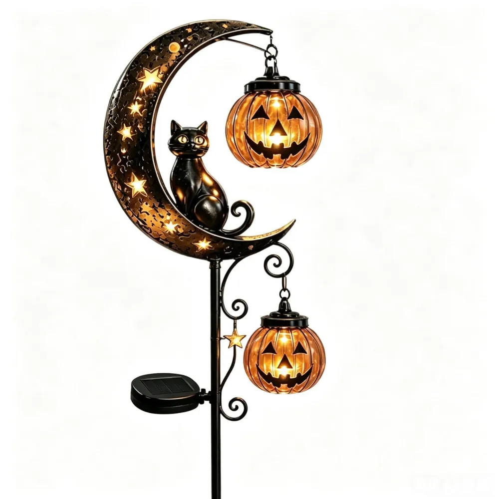 Halloween Solar Black Cat & Pumpkin Moon Stake Light