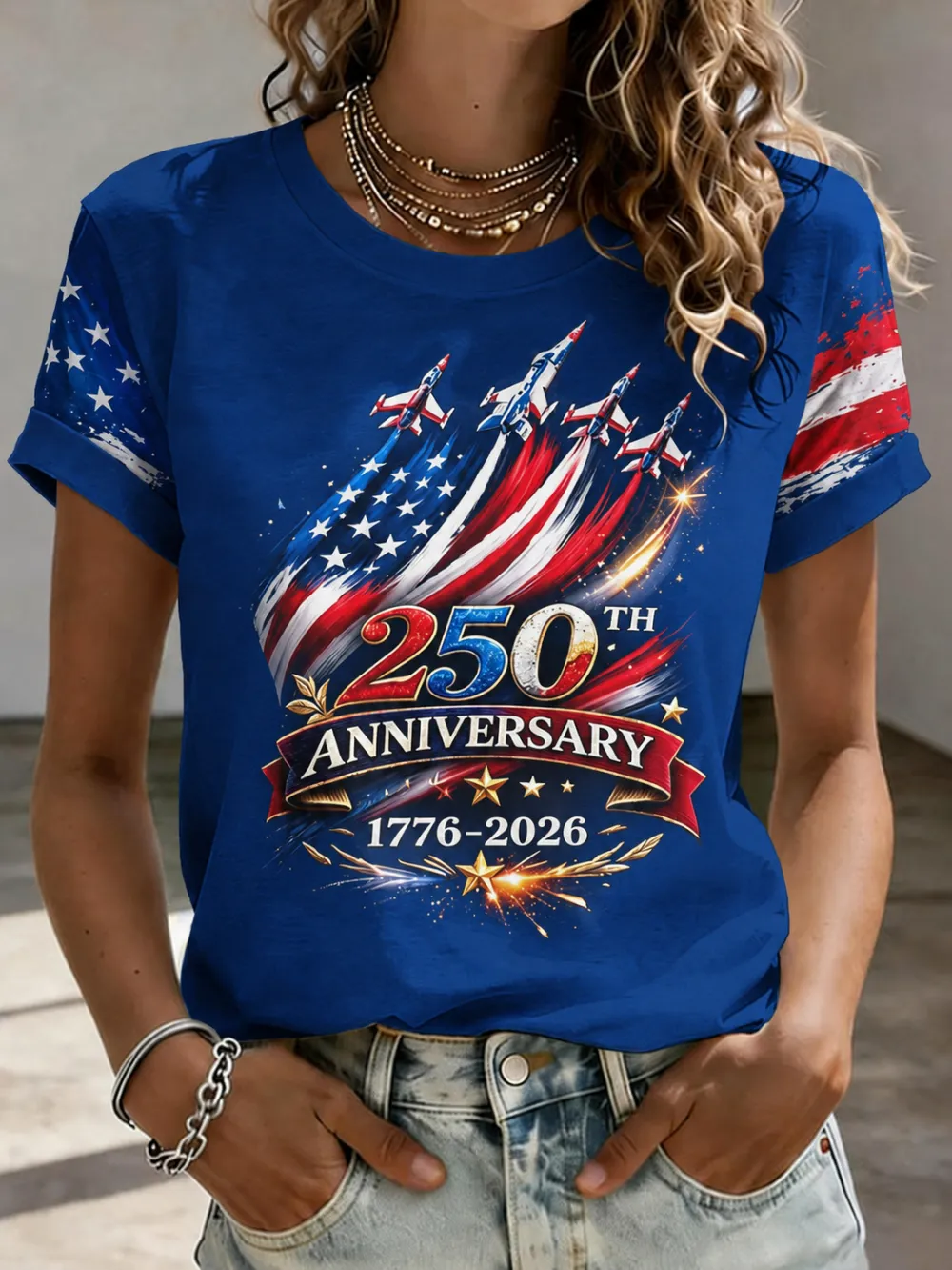 Women'S American Independence Day 250Th Anniversary Printed Short Sleeved T-Shirt
