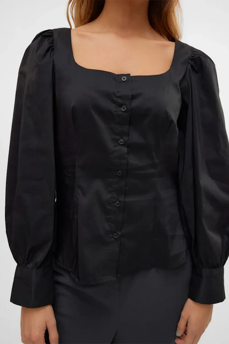 Puff Sleeve Square Neck Black Shirts