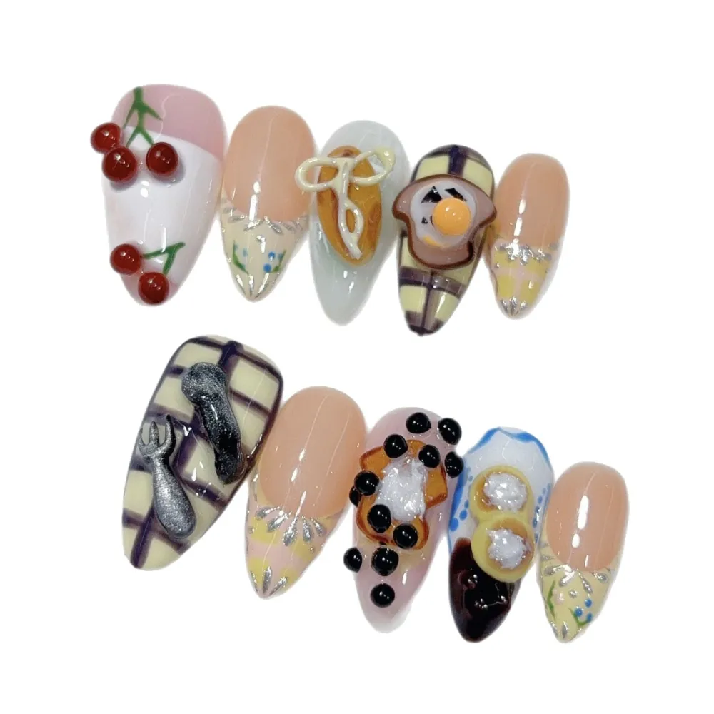 Nailhour 10Pcs Handmade 3D Medium Almond French Press On Nails