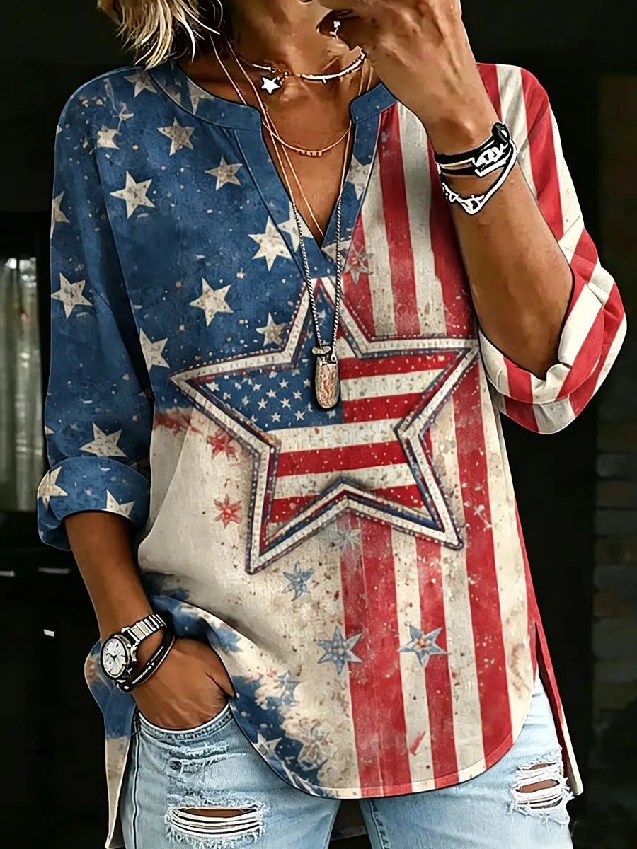 Women's Retro-Art American Flag Crewneck Top with V-Notch