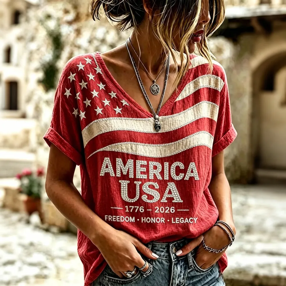 Women's Independence Day Flag Art Cotton Linen Short Sleeve Top