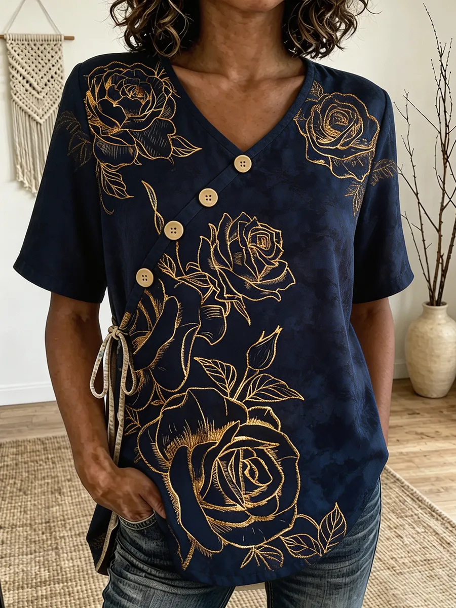 Vintage Gold Rose Embroidered Asymmetric Button Casual Top