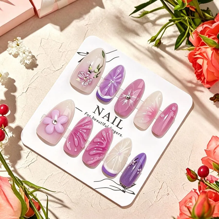 Nailhour 30Pcs Floral Purple 3D Medium Almond French Press On Nails