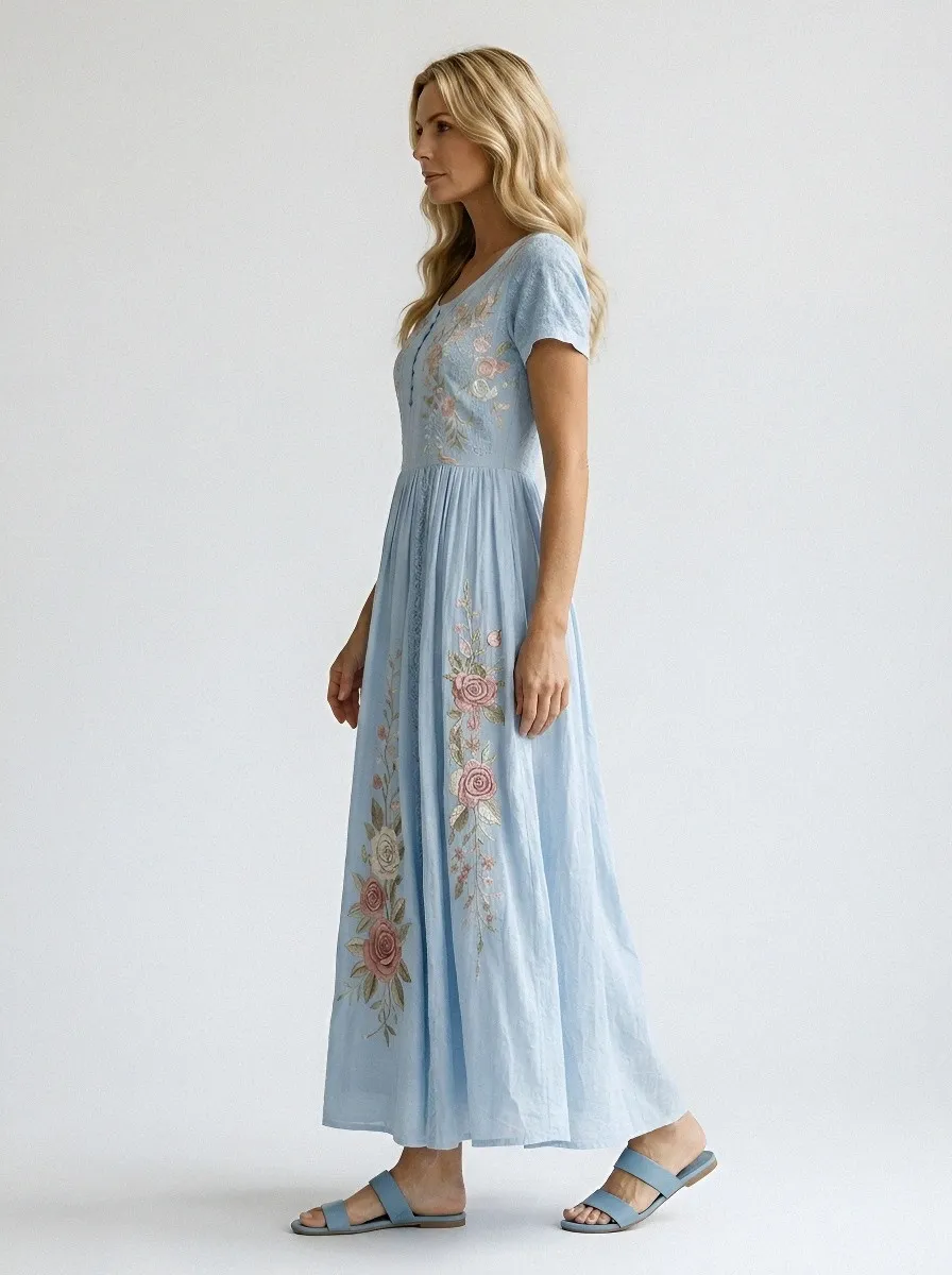 Women's Breast Cancer Awareness Floral Rose Embroidered Printed Dress