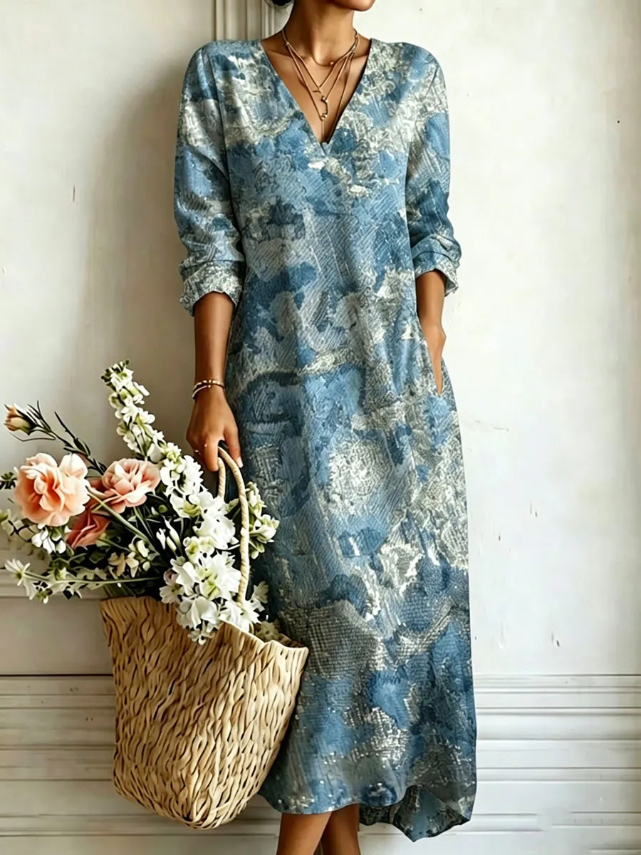 Women'S Cotton And Linen Casual Printed Dress