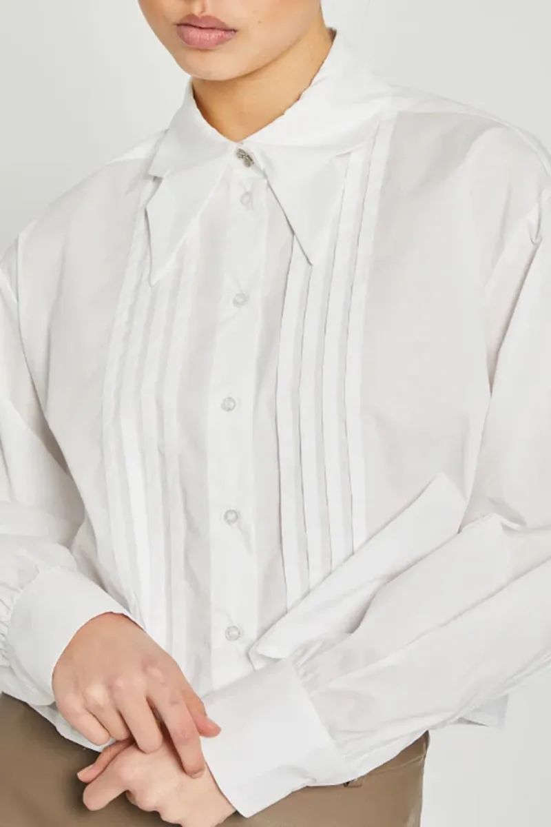 White Pleated Front Cropped Shirts