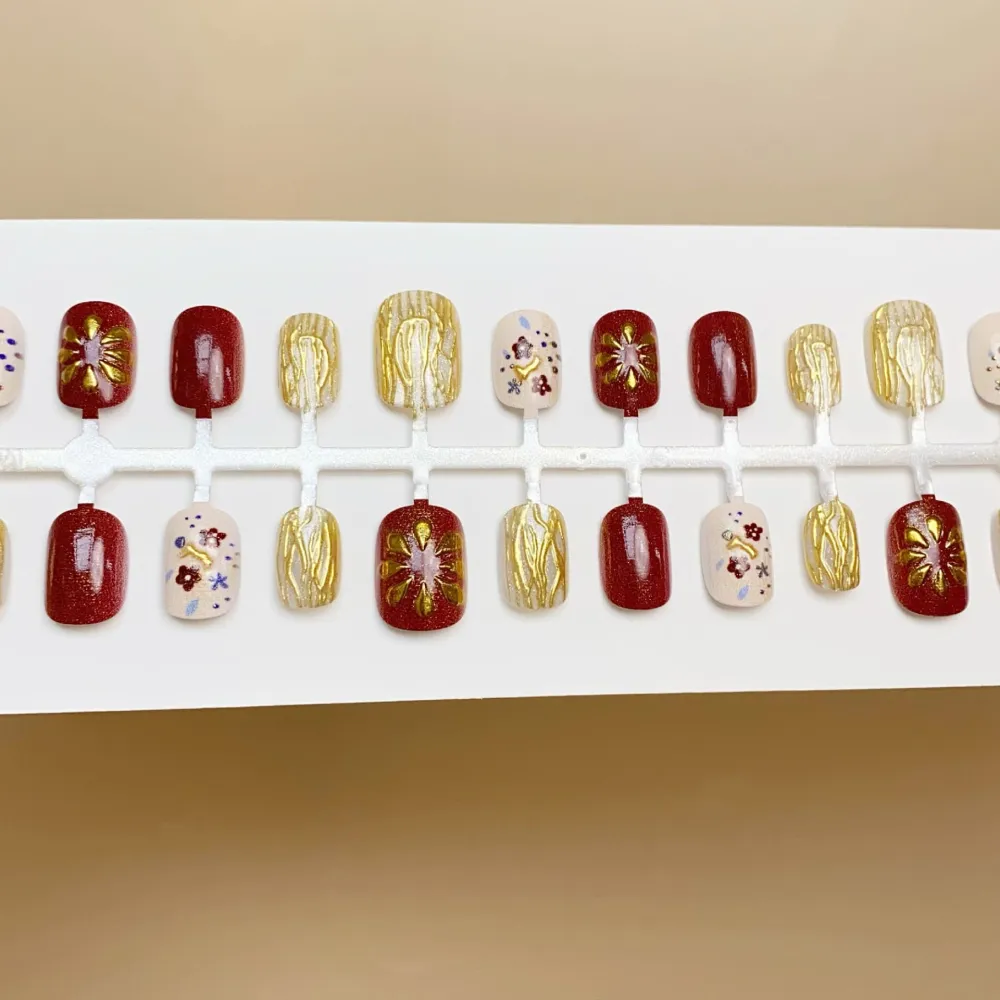 Nailhour 30Pcs Gilded Cat Eye Medium Square French Vintage Press On Nails
