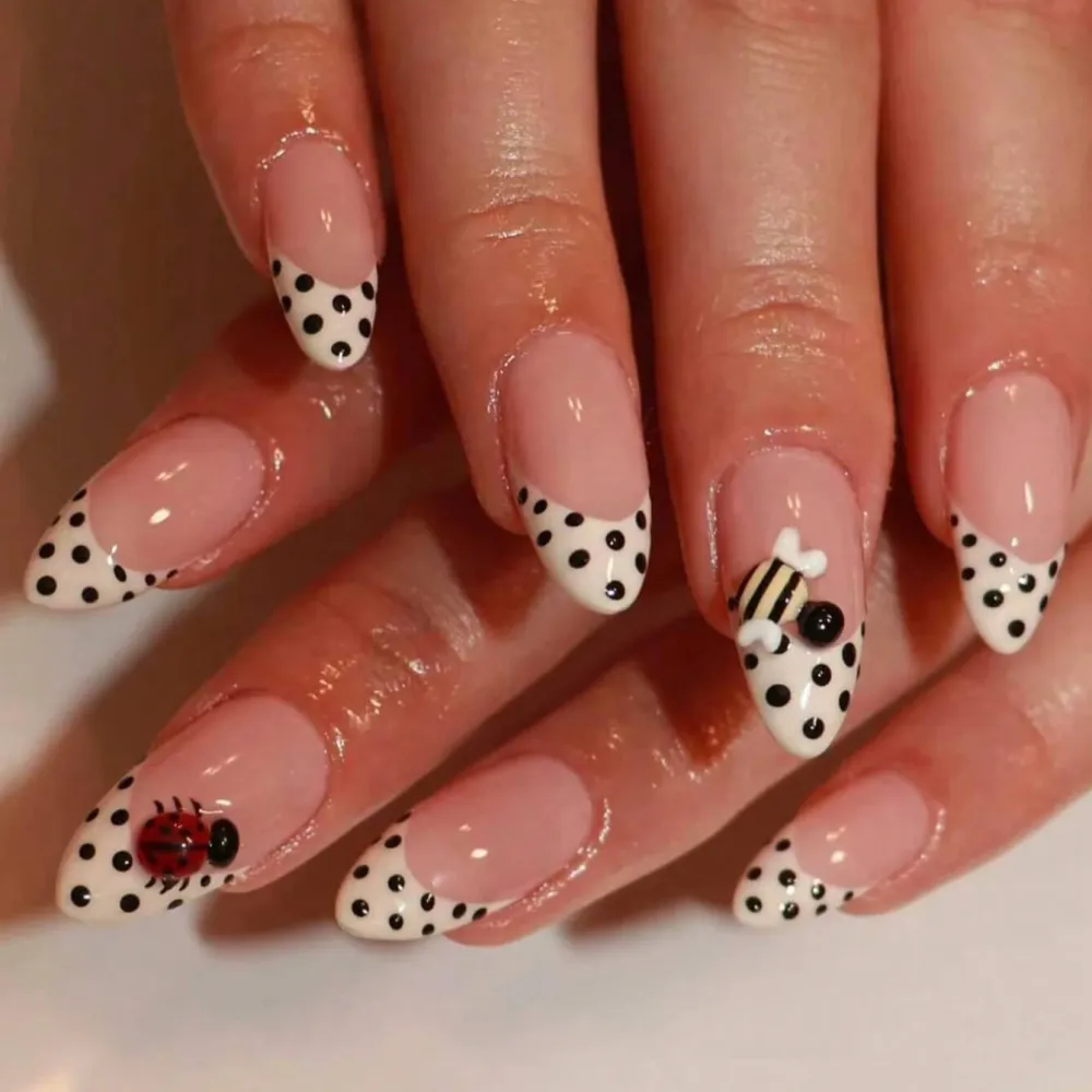 Nailhour 30Pcs French Medium Almond Bumblebee Polka Dot Press On Nails
