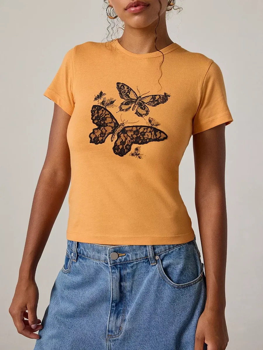Women's Pure Cotton T-Shirt With Butterfly Embroidery