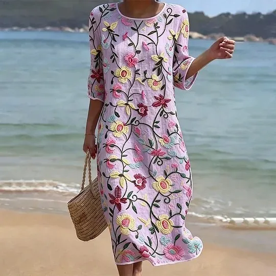 Vintage Floral Art Pattern Linen Blend Loose Three-quarter Sleeve Dress