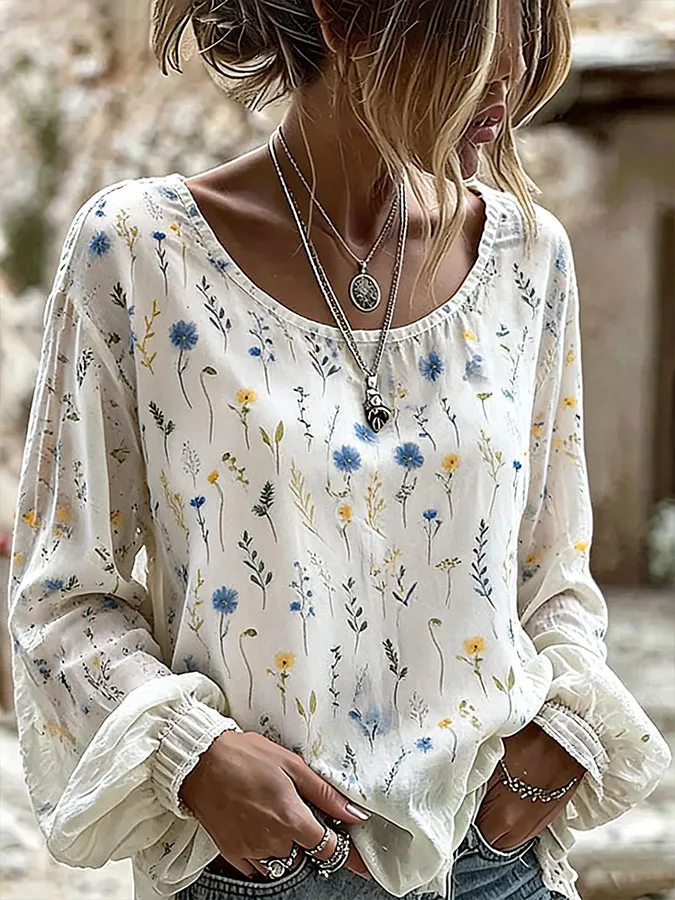 Women'S Floral Printed Casual Cotton And Linen Top