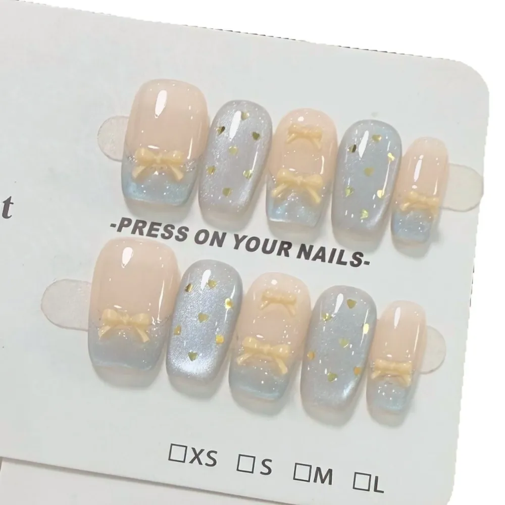 Nailhour 10Pcs 3D Bow Cat Eye French Medium Square Press On Nails