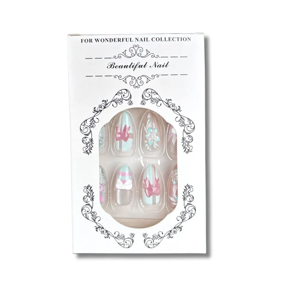 Nailhour 30Pcs Pink Strips 3D Medium Almond French Press On Nails