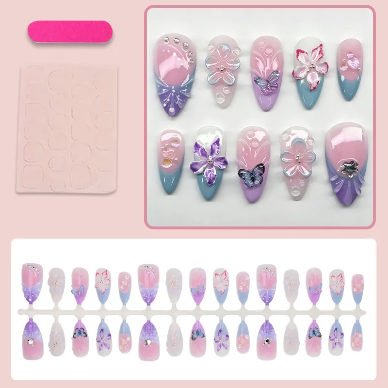 Nailhour 30Pcs Date Blue Purple 3D Almond Press On Nails