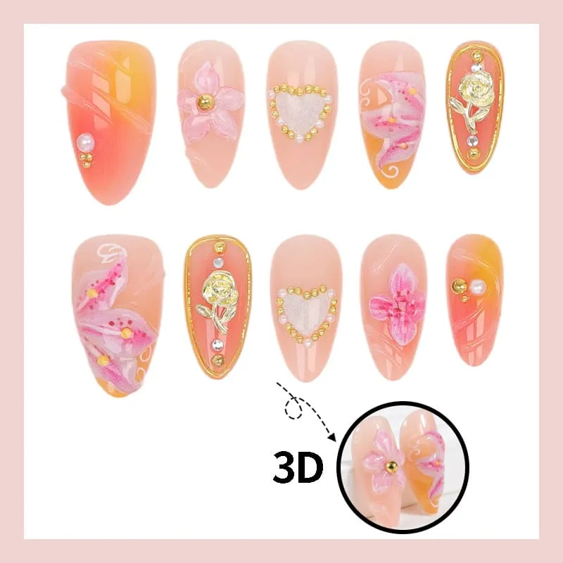 Nailhour 30Pcs Blending 3D Gilded Medium Almond French Press On Nails