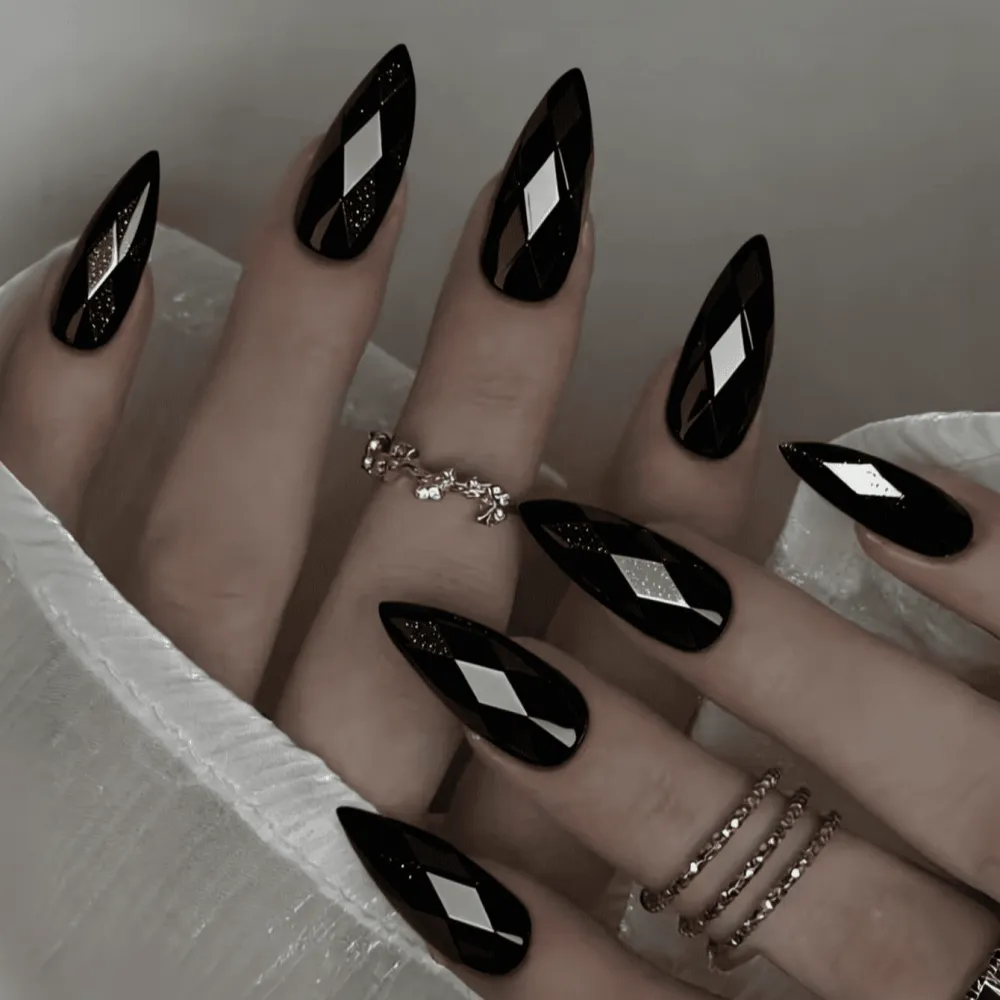 Nailhour 24Pcs Black Gothic Medium Almond Y2k Press On Nails