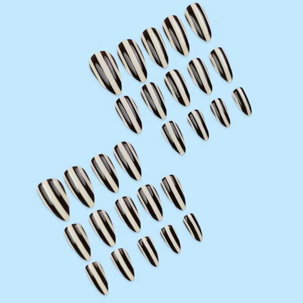 Nailhour 30Pcs Color-blocked Stripes Medium Almond French Press On Nails