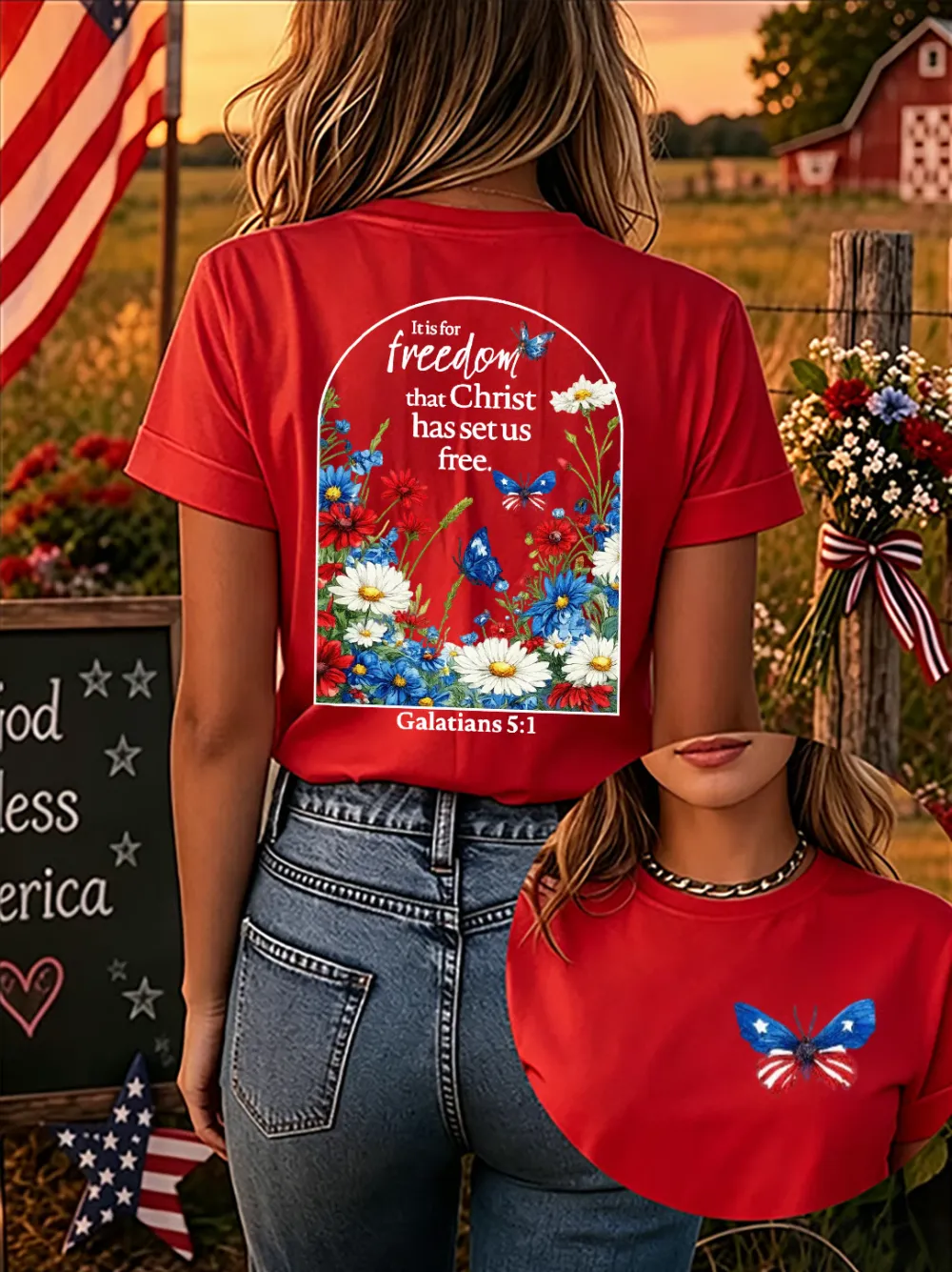 Christ'S Gift Of Freedom: Women'S American 250th Anniversary Faith Print Short-Sleeve T-Shirt