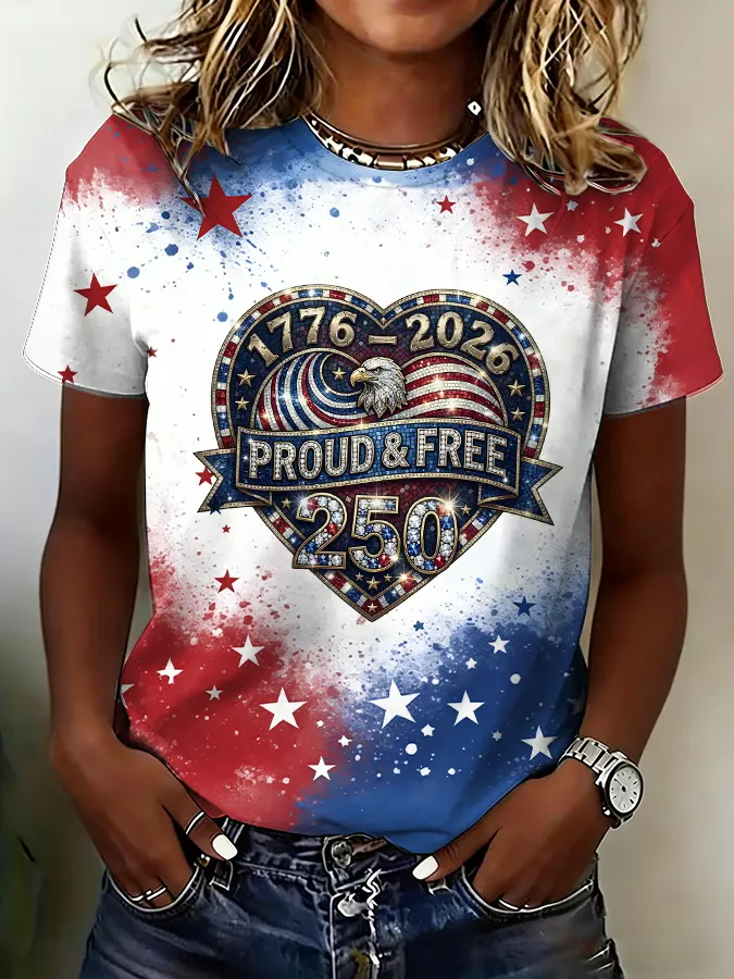 Ladies' Casual 250Th Anniversary Celebration Of The Founding Of The United States, Personalized Printed Round Neck T-Shirt
