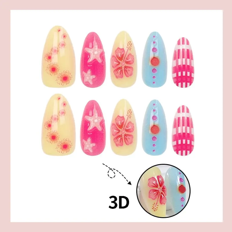 Nailhour 30Pcs Pink & Blue Color Block Medium Almond French Press On Nails