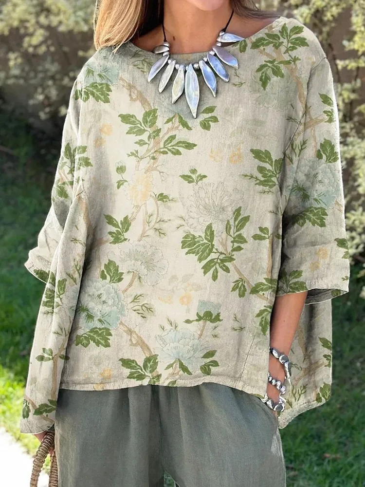 Women's Retro Lovely Floral Art Print Shirt