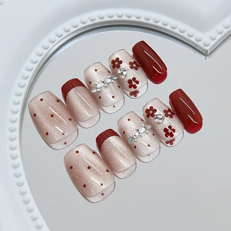 Nailhour 30Pcs Red Rhinestone French Medium Square Press On Nails
