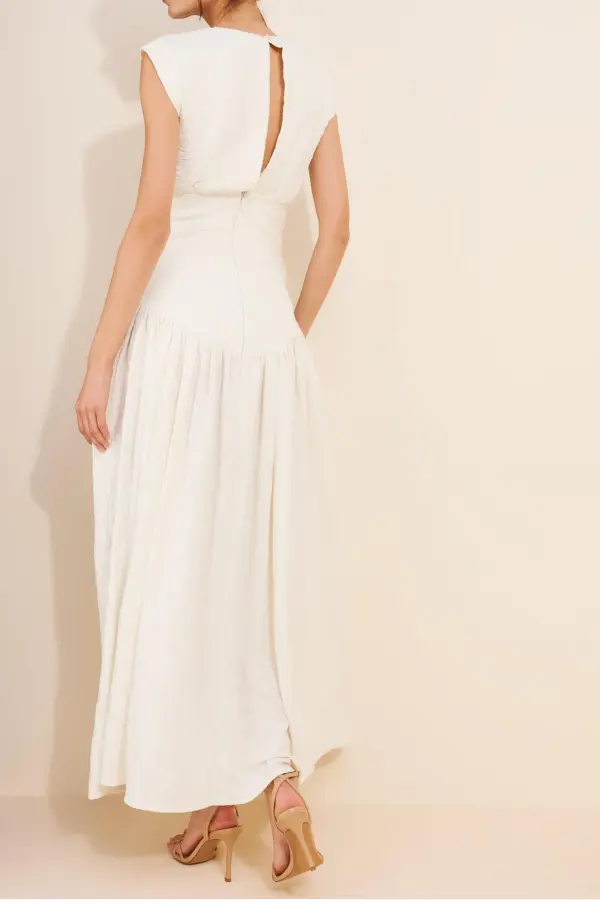 Draped Midi Dresses with Asymmetrical Waistband