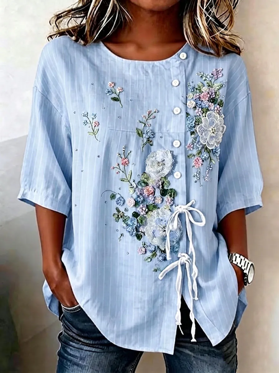 Women'S Casual Floral Print Cotton Linen Top
