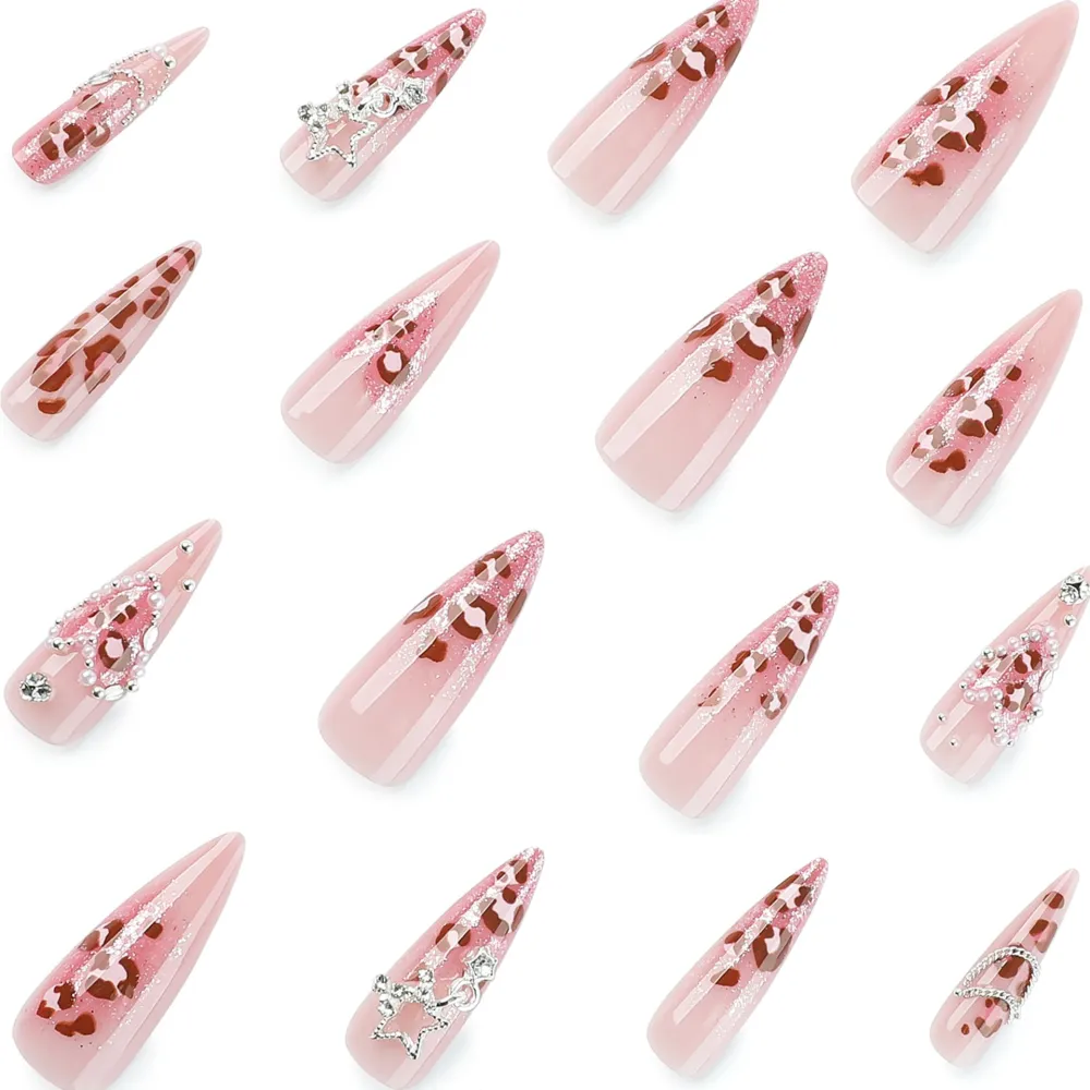 Nailhour 24Pcs Pink 3D Rhinestone Long Almond Press On Nails