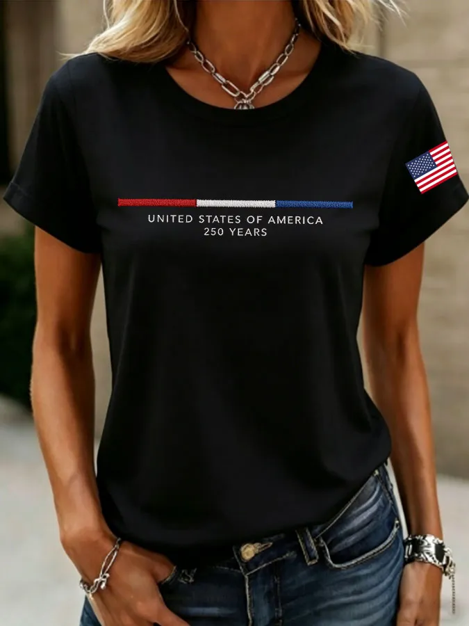 Women'S American Independence Day 250Th Anniversary Printed Round Neck Short Sleeve T-Shirt