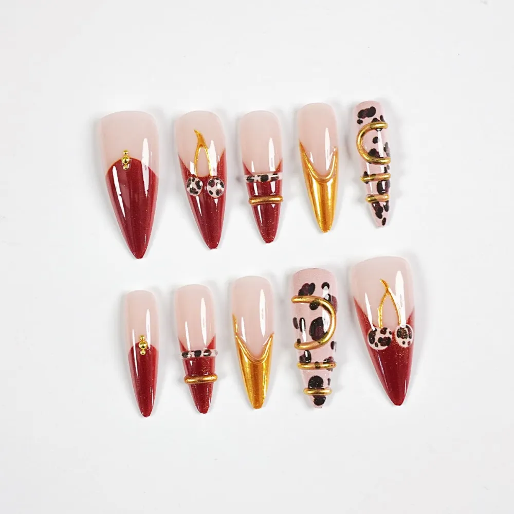 Nailhour 24Pcs 3D Gilded Red Leopard Print Cherry Long Almond Press On Nails