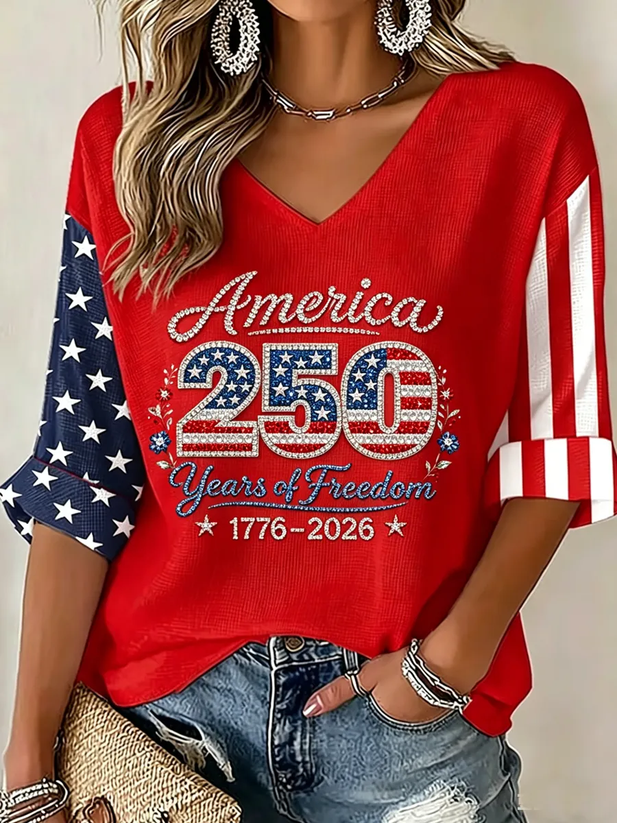 Women's USA 250 Years One Nation Under God Print V Neck Top